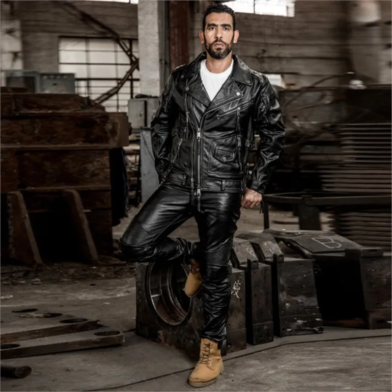 Men's leather with a lapel and diagonal zipper motorcycle suit top layer yellow cowhide