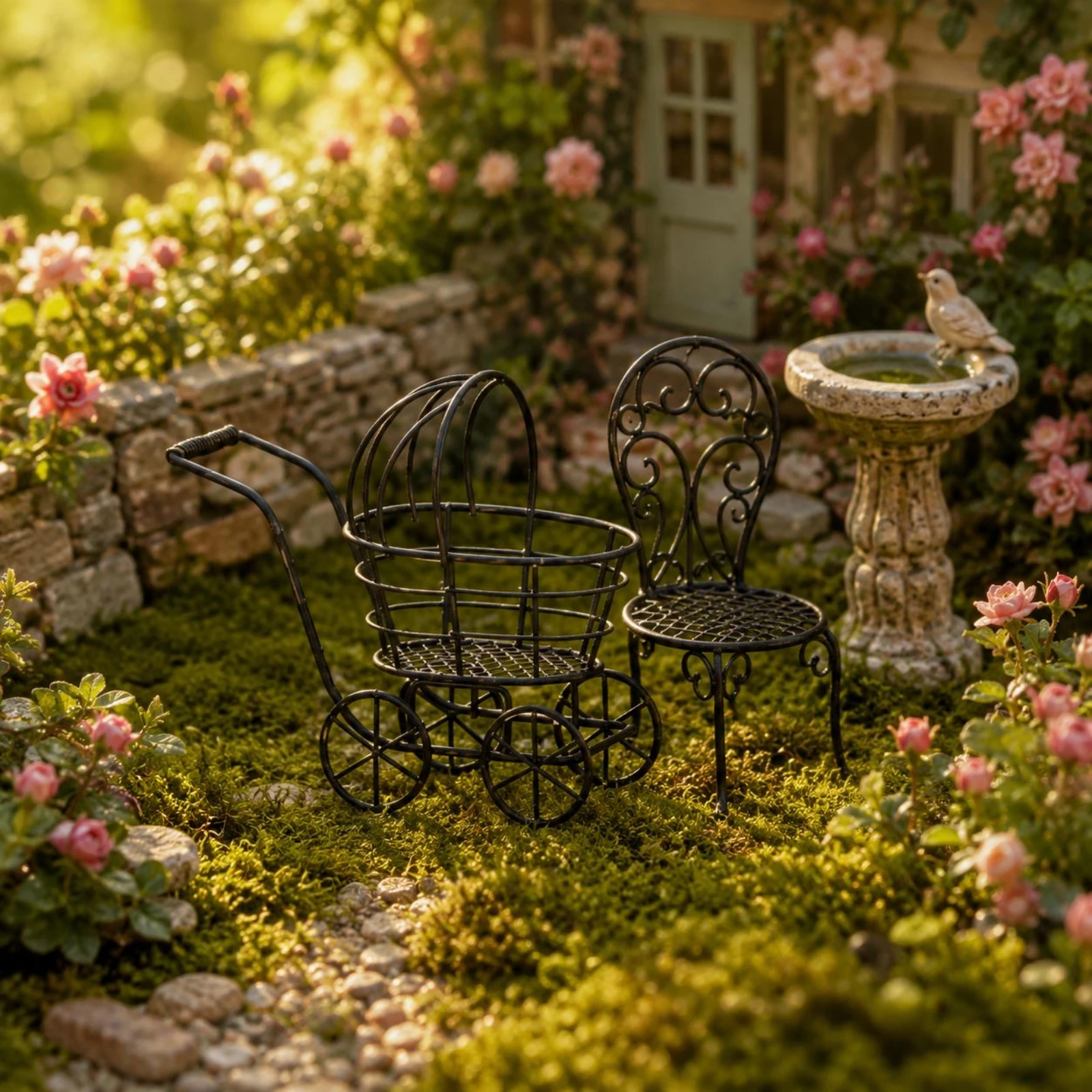 Wire Stroller Vehicle Uncovered Basket Dollhouse Stroller Display Piece Loop Handle Mini Decor Miniature for Garden