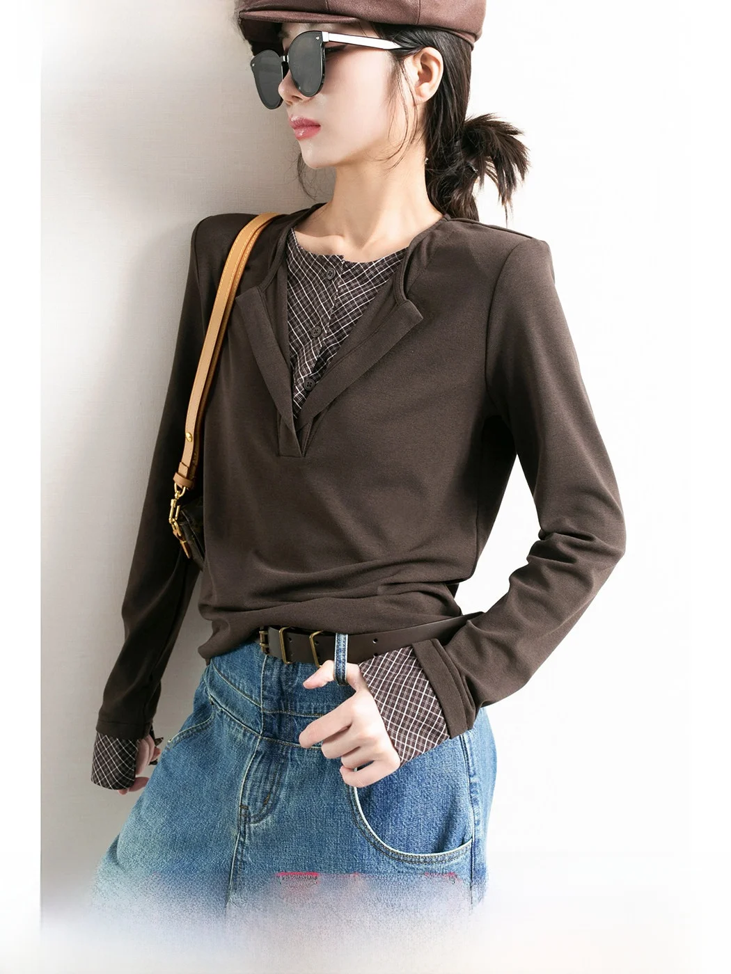 

TidePA Vintage Pad oulder Stripe Henry Collar Long Sve T-irt Women Base Layer Casual Sle Universal Fit Straight Cut