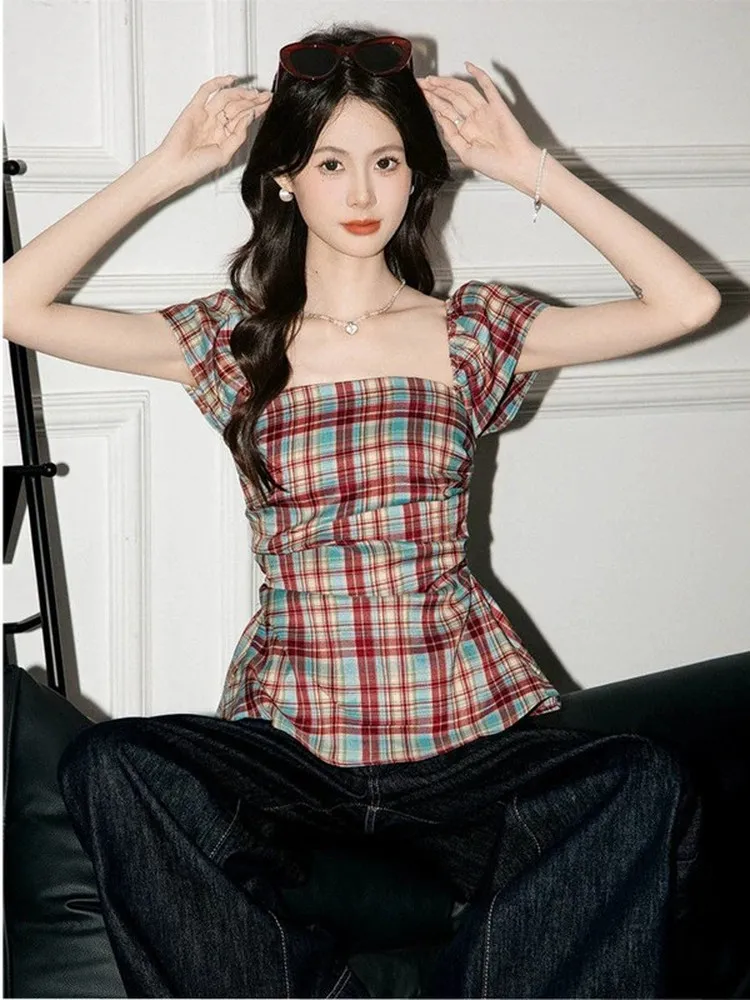 

Retro Plaid Square Collar Short Sleeve Shirt Women's Waist Cinching Beautiful Back Top Korean Style Slim Fit Breathable Skin-...