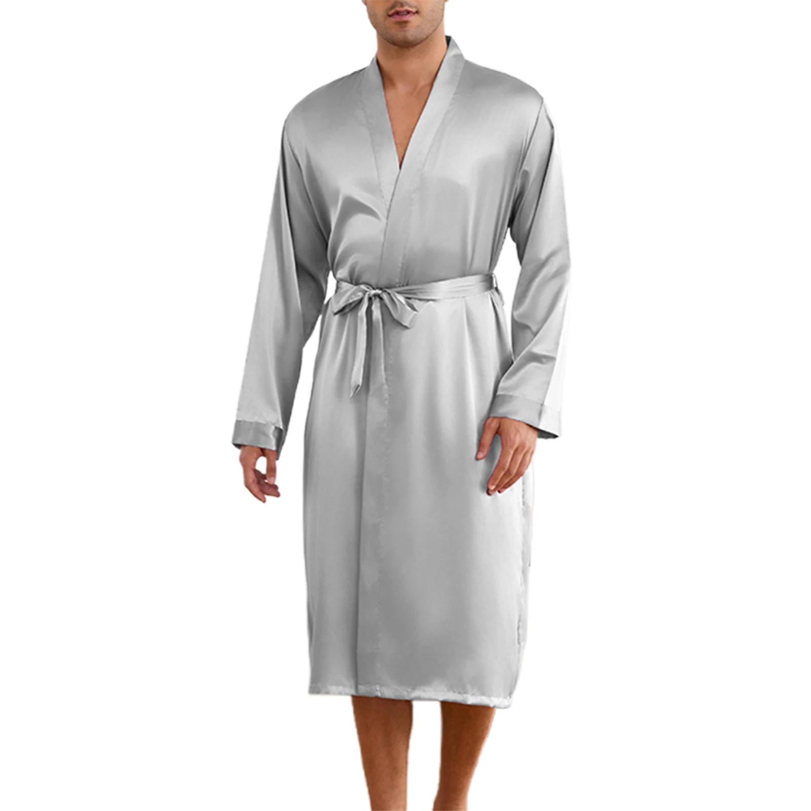 Men's Silky Bathrobe Set with Shorts - Solid Color Long Sleeve V-neck Wrap Nightwear 2 Pcs Robe with Belt