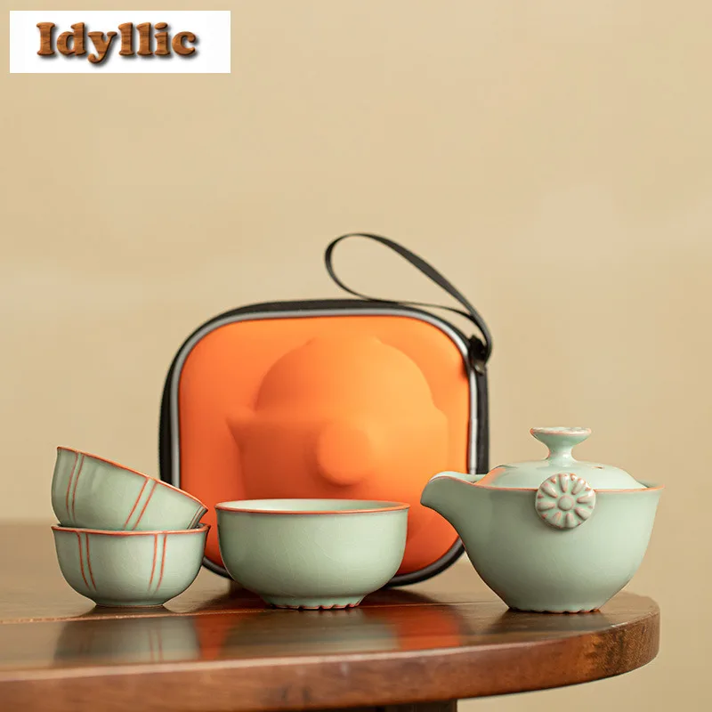 

Ru Kiln Pig Oil Frozen Azure Travel Tea Set Kit Handmade 1 Pot 3 Cups Tea Maker Organizer Portable Picnic Stock Bags Supplies