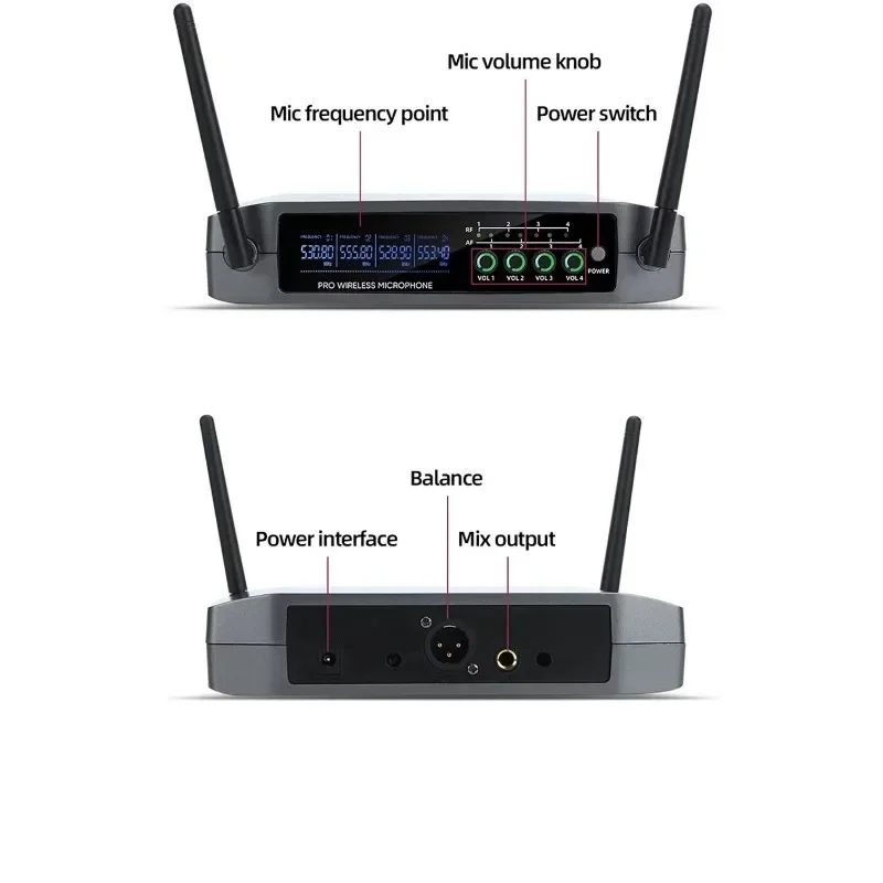 Professional VHF Wireless Microphone System 4 Channel Handheld Karaoke Microphone for Home Party Church Event TV Speaker