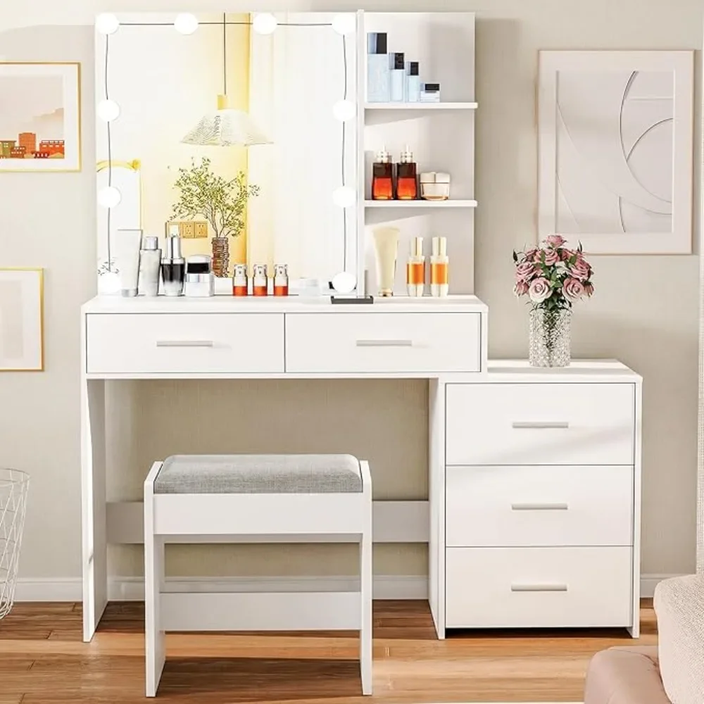 43.5in Large Vanity Desk with Mirror and 10 LED Lights, Makeup Vanity Table with Lights and 5 Drawers, White Vanity Table