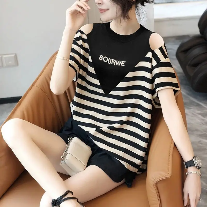 

Women's Clothing Streetwear Fashion Striped Letter Pullovers 2023 Summer Casual Spliced Round Neck Off Shoulder Loose T-shirt