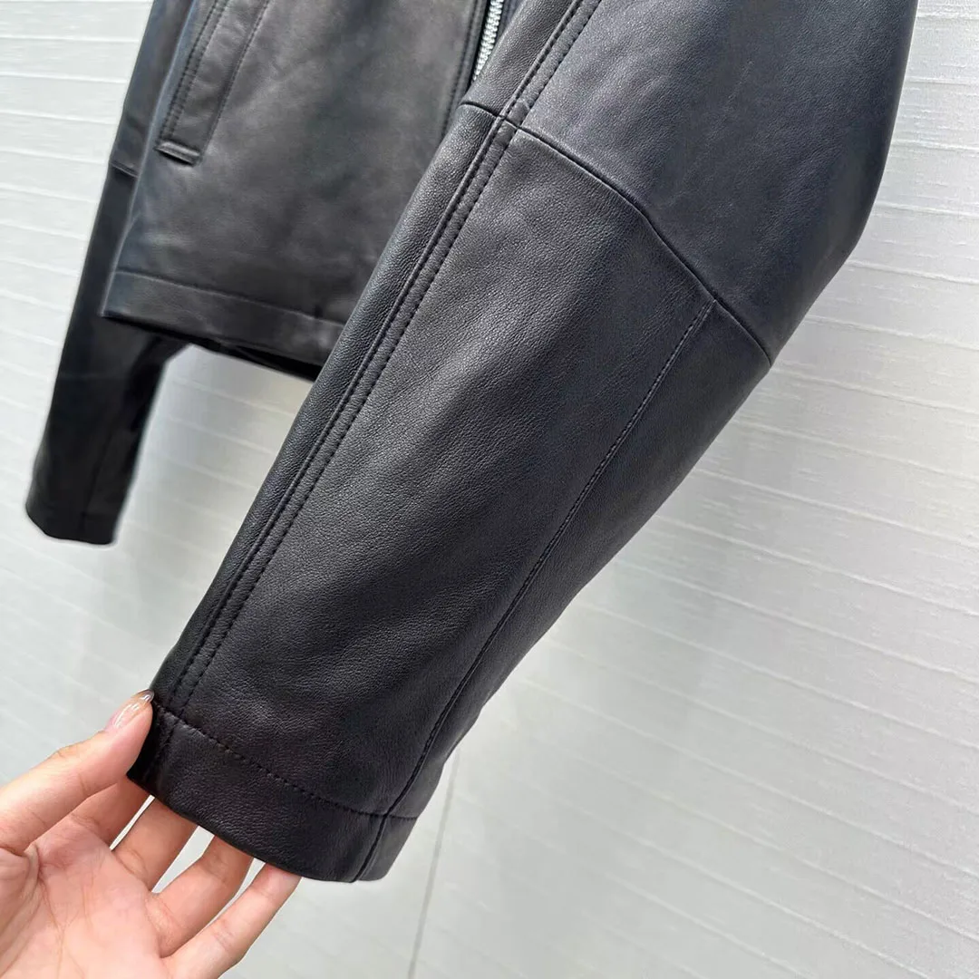 最高品質 100% 羊革ジャケット レディース スタンドカラー ジッパー ラグラン袖 ブラック バックワイドベルト レトロ 本革 ショートコート