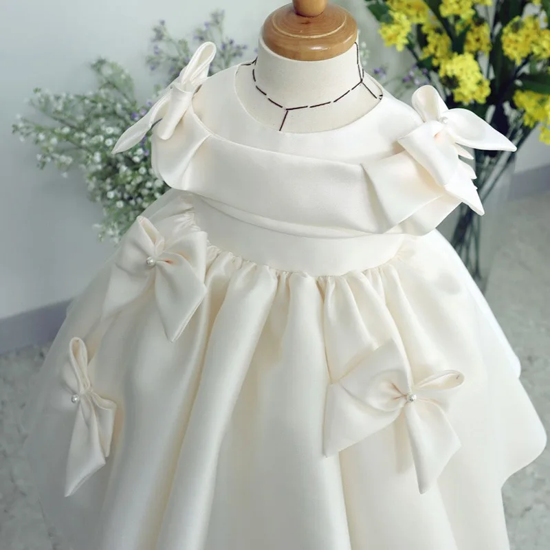 Customized Simple Sweet High End O-neck Flower Girl Dresses Luxury Satin A-line Ball Gown Fashion Bow Appliques Casual Appliques