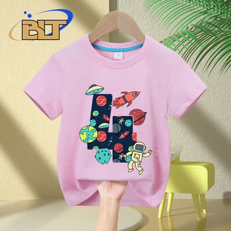 T-shirt à manches courtes en coton pour enfants, espace et Astrköts, cadeau pour enfants de 4 ans, 4e anniversaire