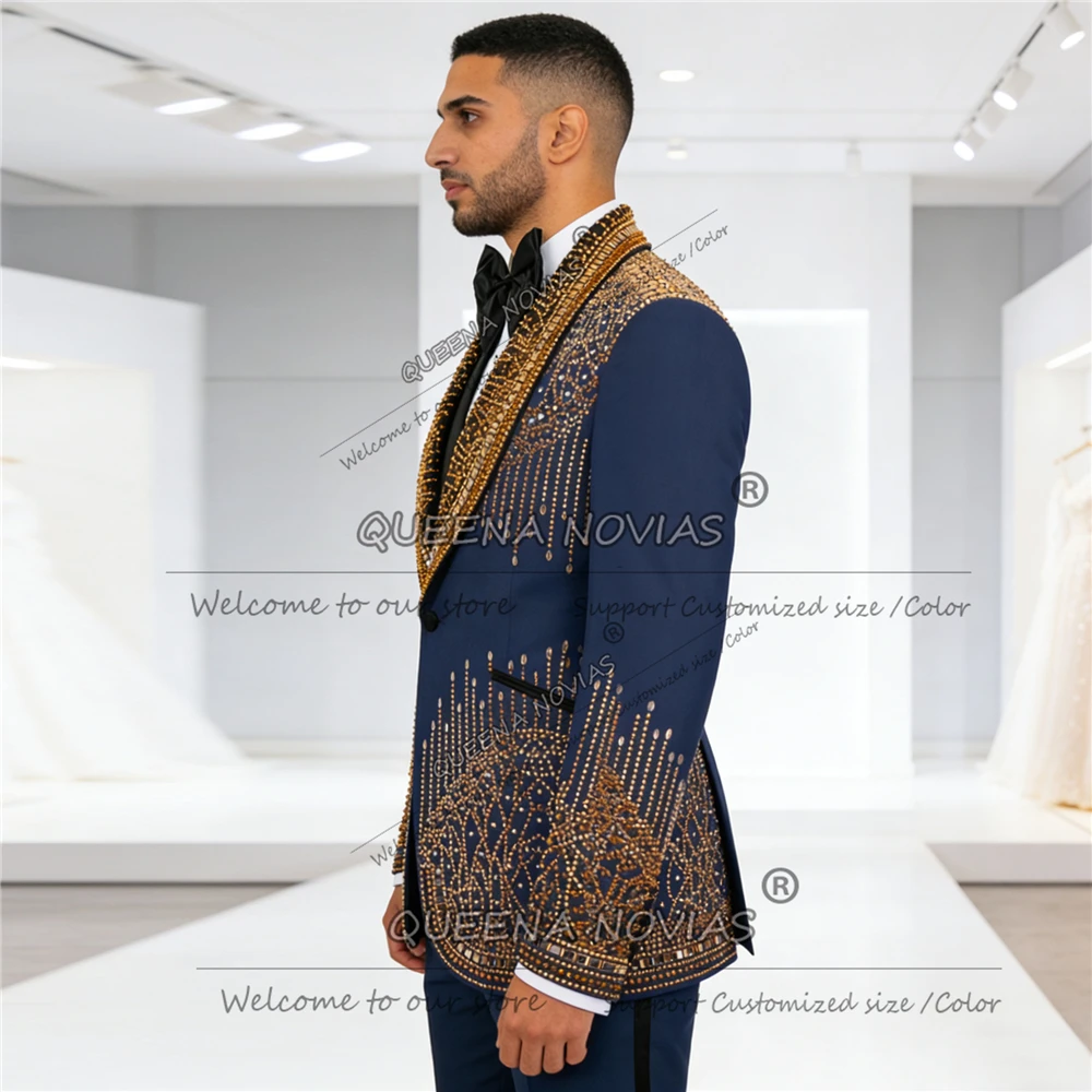 Metallic Jewelry Stones Ornament Groom Wedding Suits Slim Fit BLack Shawl Lapel Prom Blazer Outfits Plus Size Men Party Tuxedos