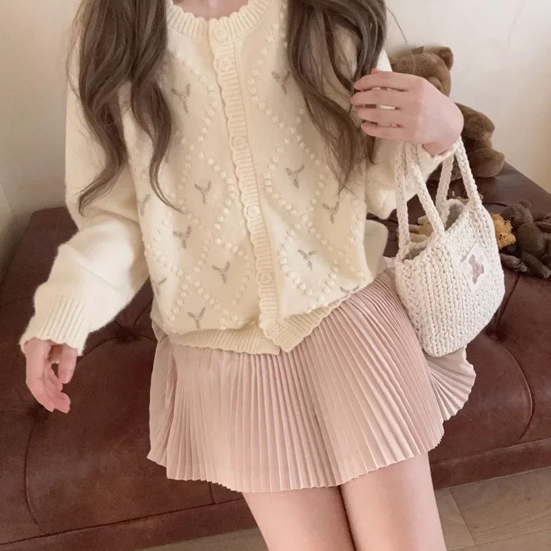 Prairie Chic Floral Knitted Cardigan Women Autumn Winter 2024 Floral Embroidery Loose Sweaters for Sweet Girls Kawaii Clothes