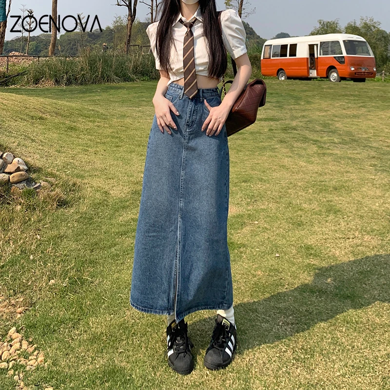 

ZOENOVA 2024 Spring Summer Retro Blue Slit Women's Denim Skirt Fashion Lady Casual Versatile Simple High Waist A-line Midi Skirt