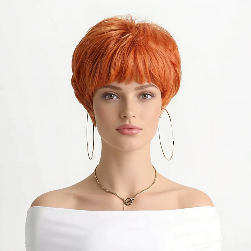 Short Synthetic Wig Woman Pixie Cut Natural Hair Wigs For Women Orange Wig With Bangs High Quality Woman Wigs on Clearance Sale