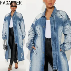 FAGADOER Quality Fashion Embroidery Denim Long Jacket Women Y2K Streetwear Long Sleeve Bandage Patchwork Coats Clothing Winter