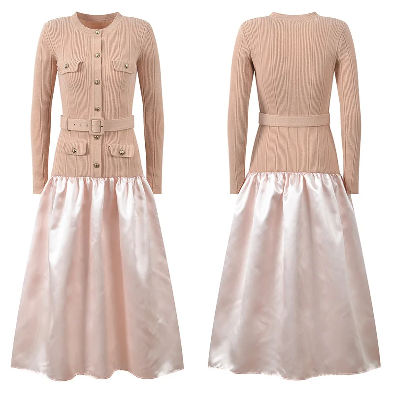 가짜 투피스 싱글 브레스티드 니트 롱 드레스 여성용 가을 봄 골드 버튼 핑크 스웨터 새틴 미디 드레스