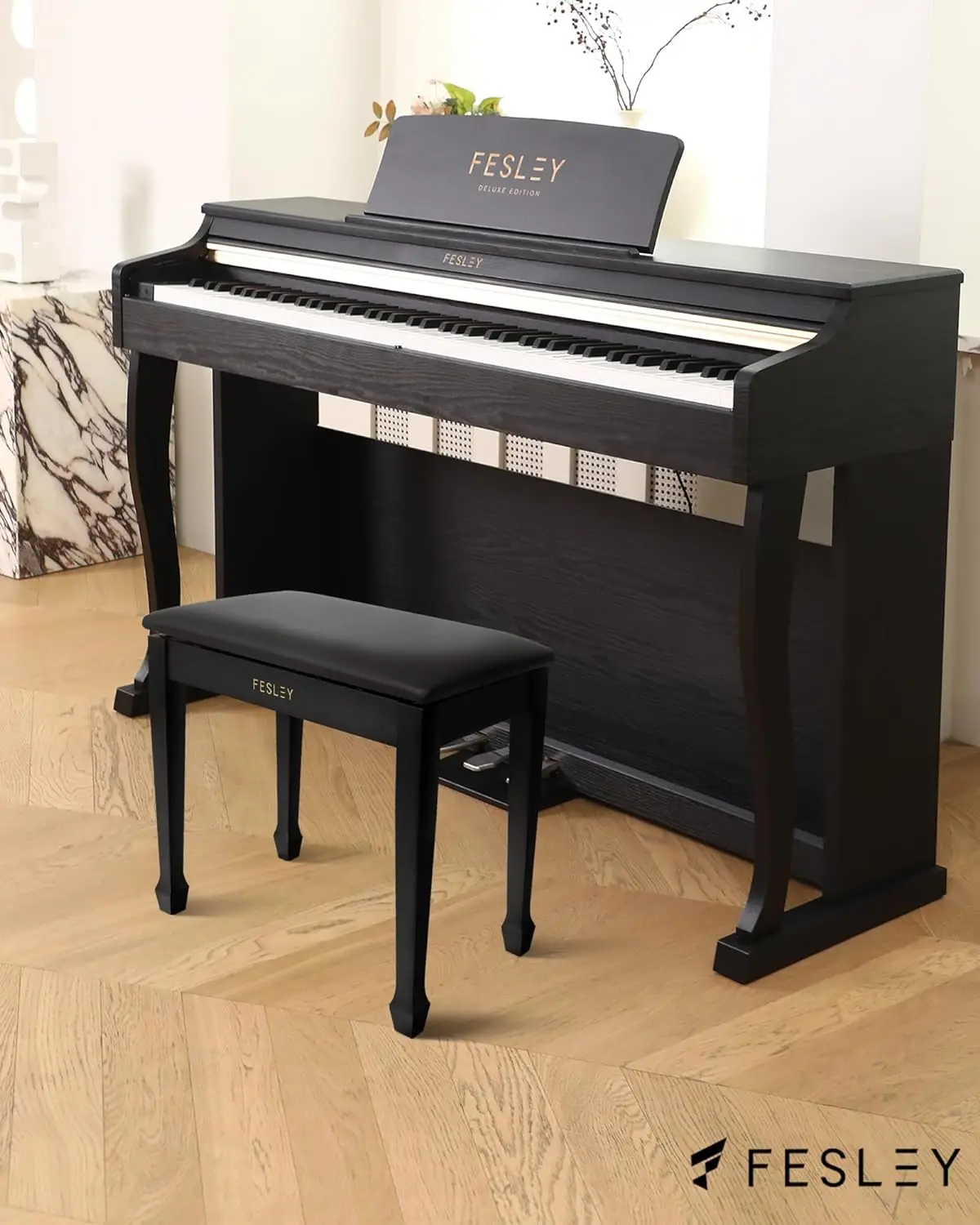 Fesley Piano Bench with Storage, Piano Stool and Padded Cushion, Solid Wood Keyboard Bench Piano Bookcase Stool Chair Seat