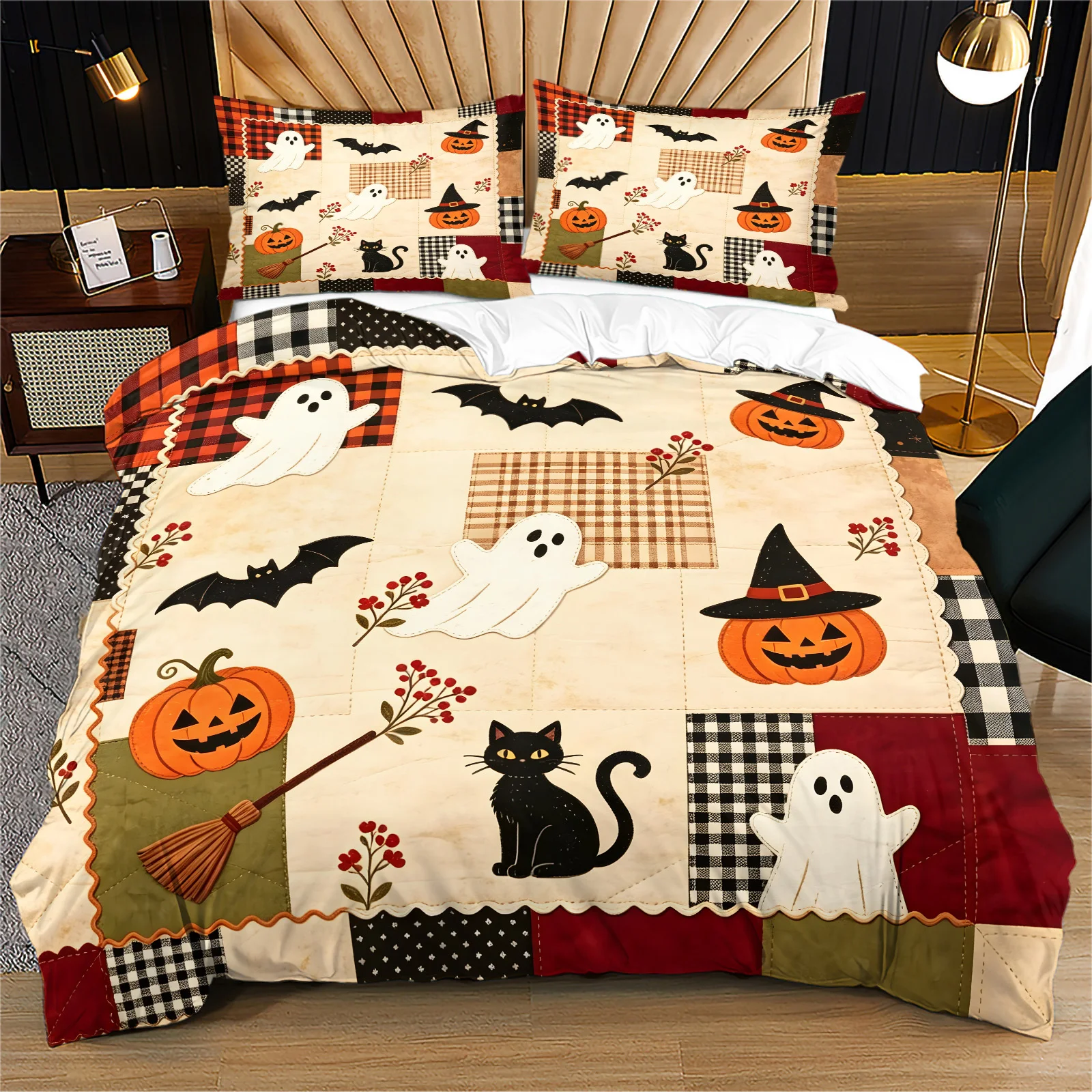 Halloween Duvet Cover Set Vintage Patchwork Pumpkin Ghost Black Cat Bat Print Bedding Set Retro Plaid Grid Soft Quilt Cover