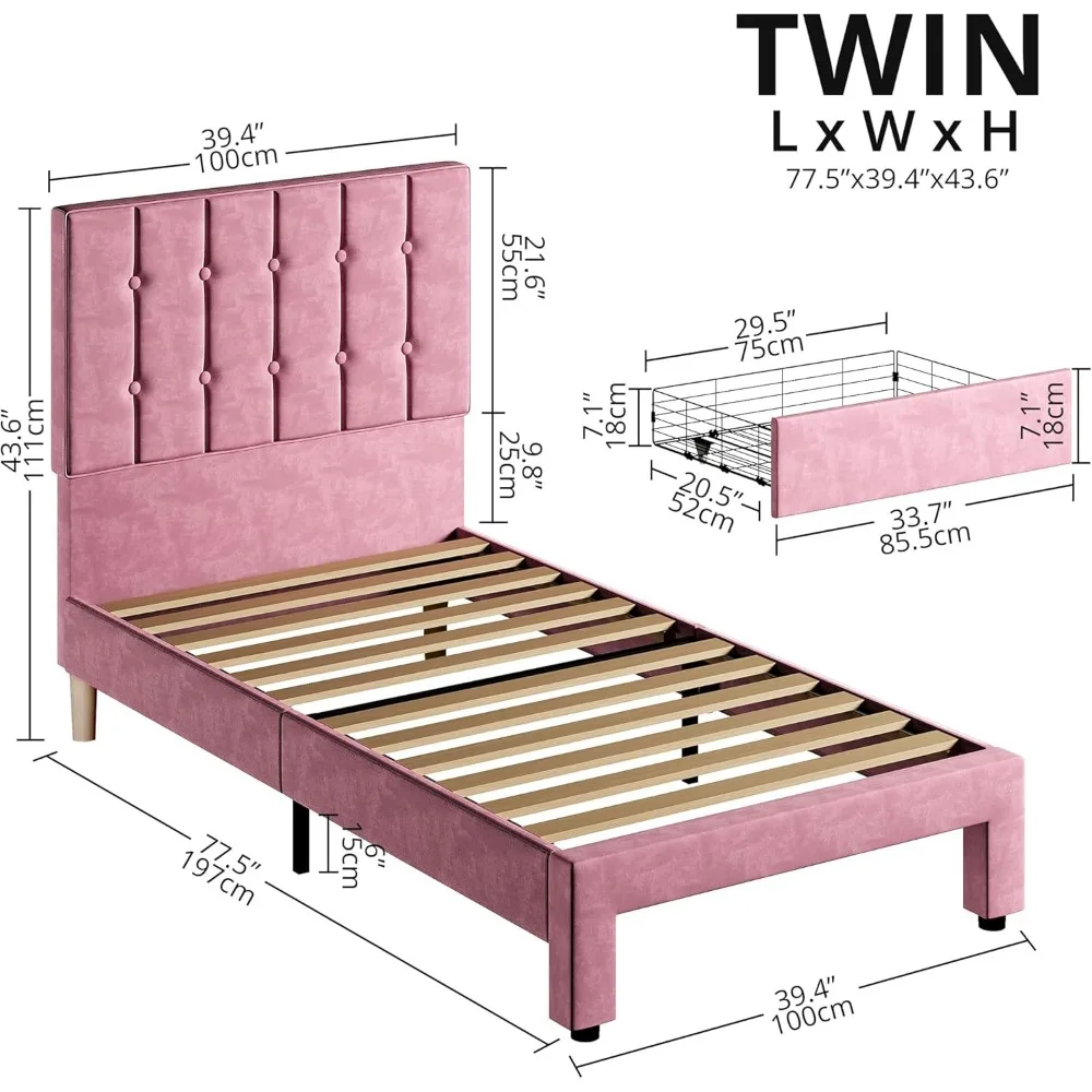 LIKIMIO Twin Bed Frame with Under-Bed Drawer, Velvet Upholstered Platform Bed Frame with Headboard, No Box Spring Needed/Noise-F