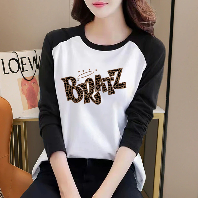 Vintage Leopard Letter Print Langarm Rundhals Casual T-Shirt Alle Jahreszeiten Grafik T-Shirts Tops Damenbekleidung 90er Jahre Y2k T-Shirt