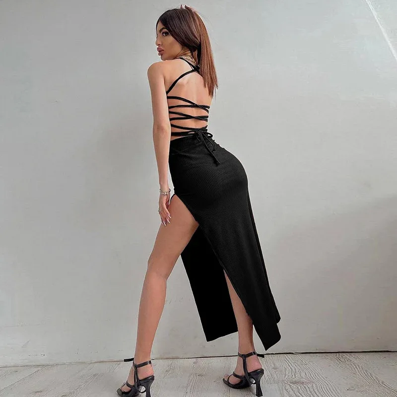 Women's summer sexy black long tight square neck backless dress with threaded suspender and sleeveless slit party dress