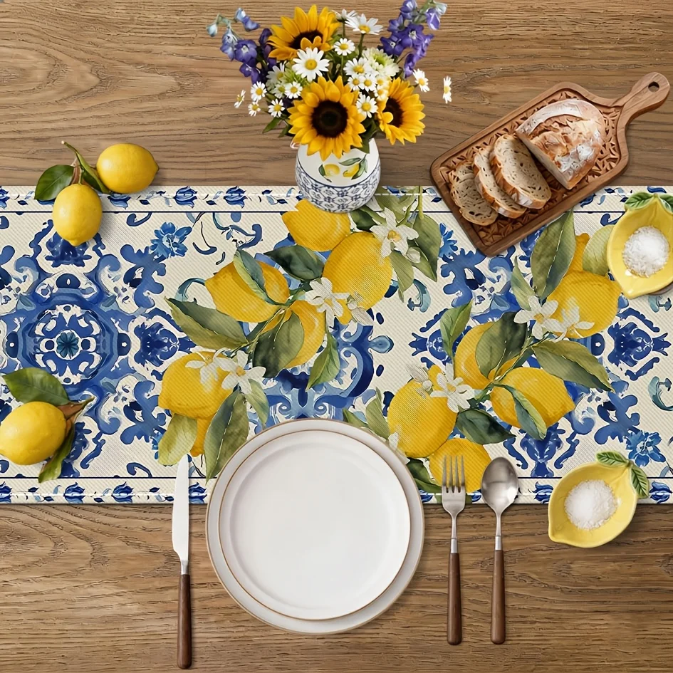 VIKAMA Mediterranean Blue & White 1pc DOKRIY Porcelain Lemon Table Runner Fruit Floral Decor for Dining Table
