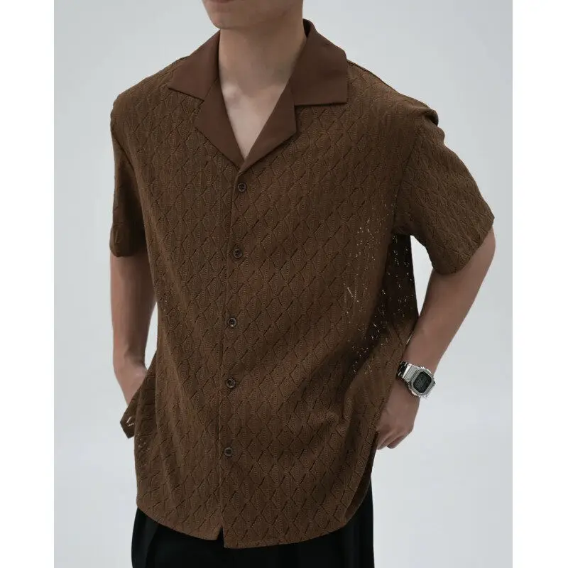 Summer Black Short Sleeved Shirt Men Oversized Beige Casual Shirt Streetwear Men Korean Loose Hollow Shirt Mens Hawaiian Shirts