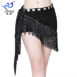 Women Sexy Bead Slice Waist Chain Belly Dance Show Costume Sequin Fringed Hip Scarf Dance Performance Lace Up Hollow Waist Scarf