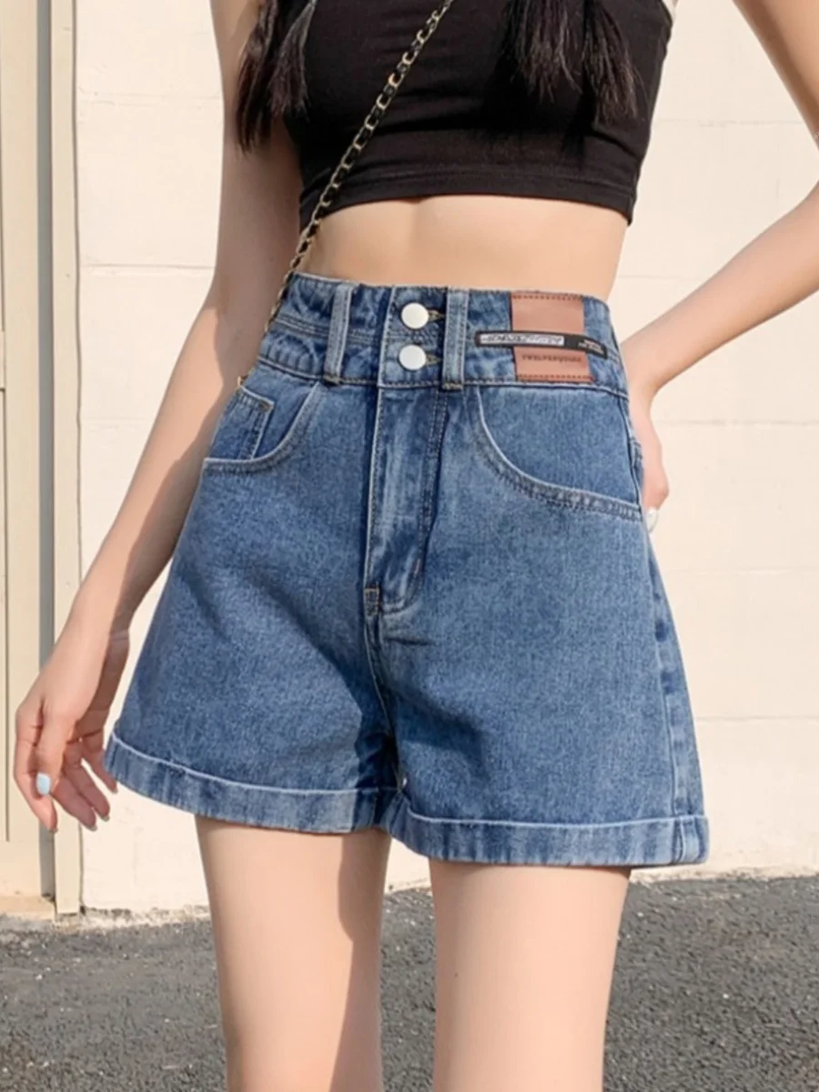 plus Size High Waist Cuffed Denim Shorts Women Summer Loose Slimming Small Figure Wide Leg Spicy Girl A-Line Hot Pants