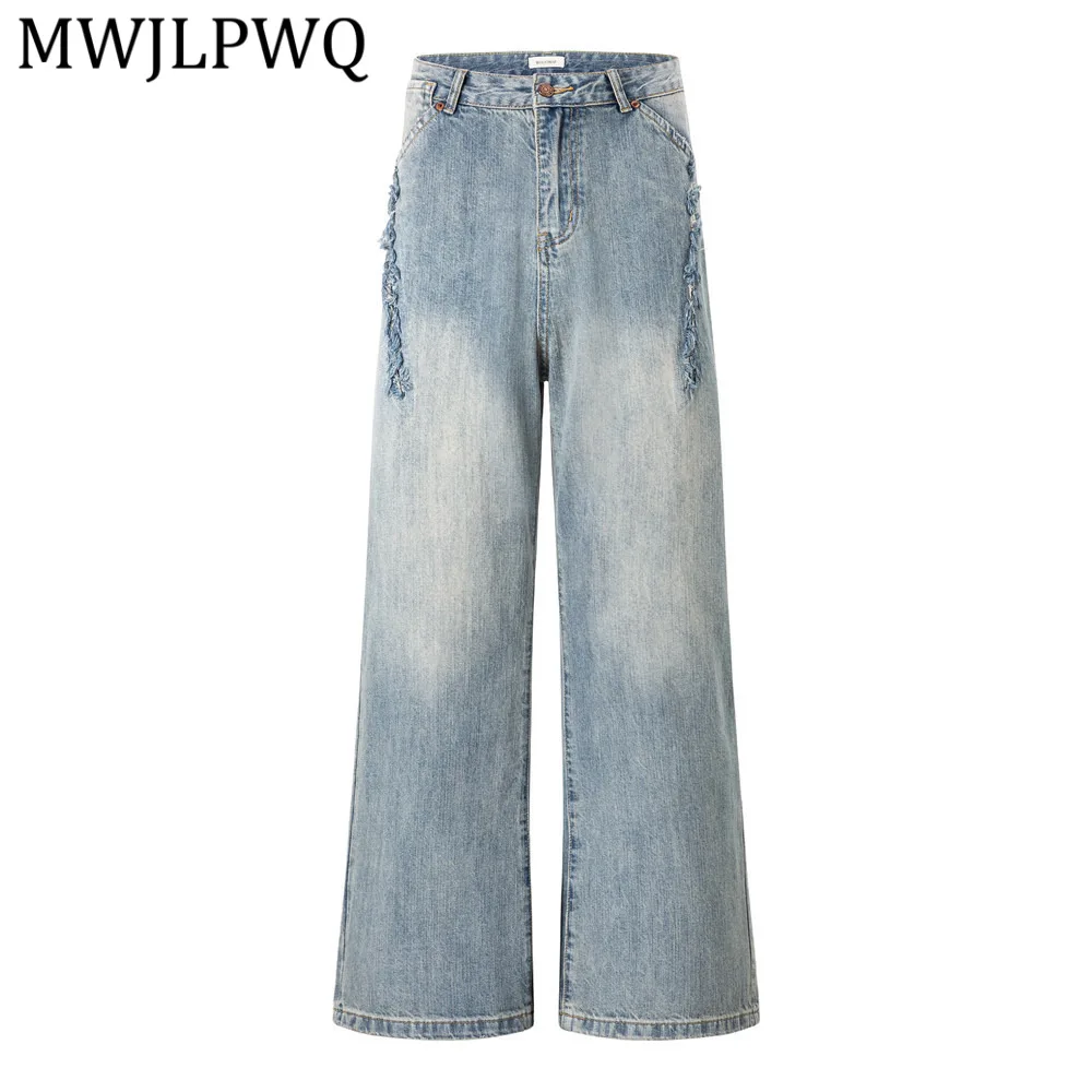 

Мужские широкие джинсы MWJLPWQ в стиле панк-ретро, с эффектом потертости, свободного кроя, с необработанными краями, прямые, модель 14188