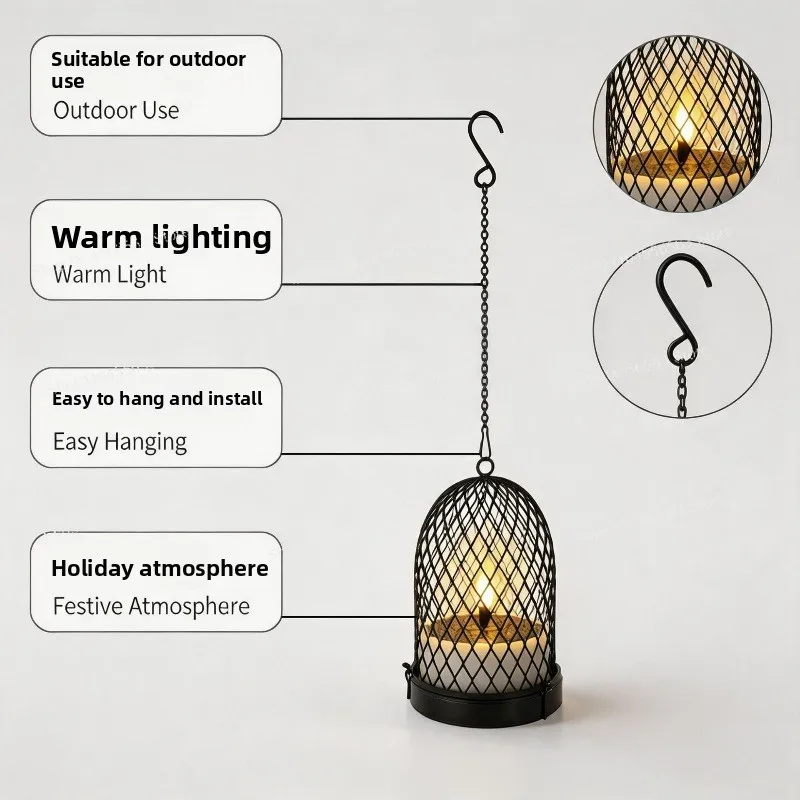 New Solar Hanging Candle Light, Wrought Iron Wind Light, Waterproof Outdoor Garden Ambient Decoration Light