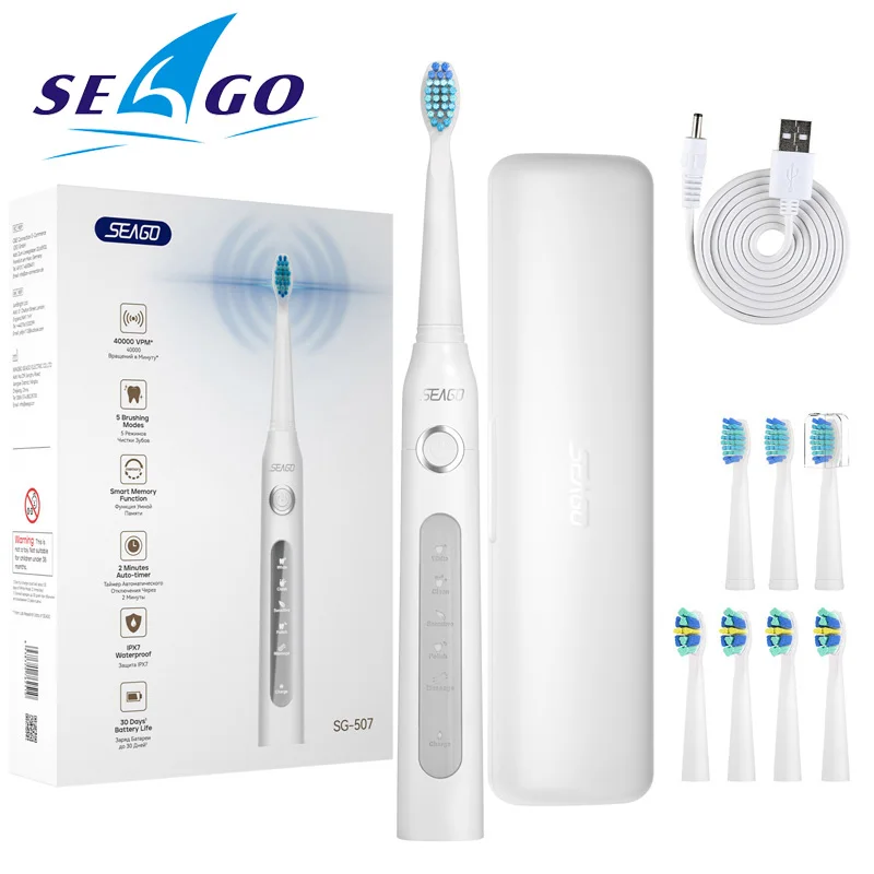 فرشاة أسنان كهربائية من Seago مع صندوق تخزين ، 5 أوضاع تنظيف بالفرشاة ، مؤقت للبالغين ، فرشاة أسنان صوتية برأس فرشاة من نوعين ، أو إصدار جديد