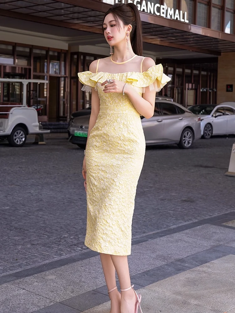 여성 의류 노란색 자카드 러플 섹시한 오프숄더 슬림 이브닝 드레스 우아한 여성 패션 파티 프롬 생일 드레스 신상품