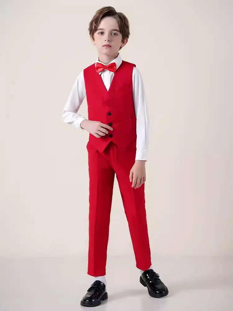 Children Red Photography Suit Flower Boys Jacket Vest Pants Bowtie 4PCS Ceremony Costume Kids Birthday Wedding Tuxedo Dress