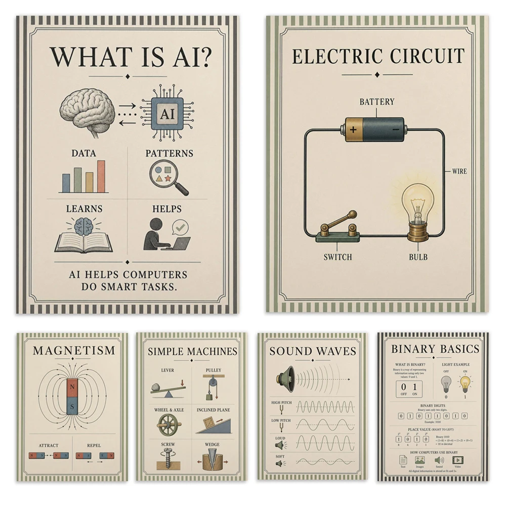 DNA structure, circuits, sound waves, binary code, simple machines, physics, magnetism educational posters, science decorations