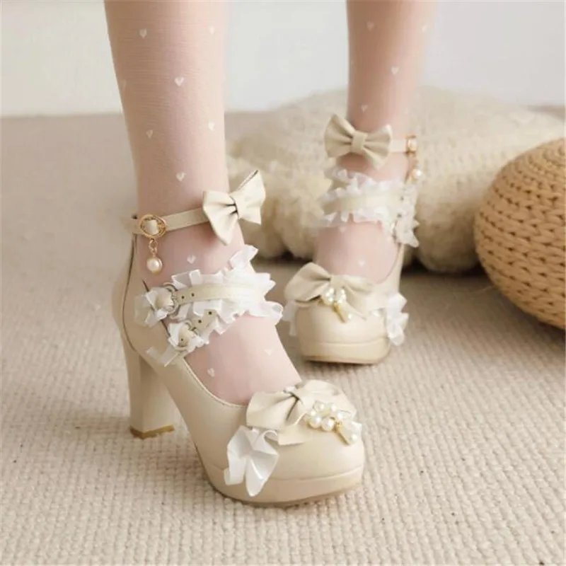 Sweet Lolita Shoes For Girls Round Toe High Heel Children Wedding Shoes Lace Kids Dance Shoe