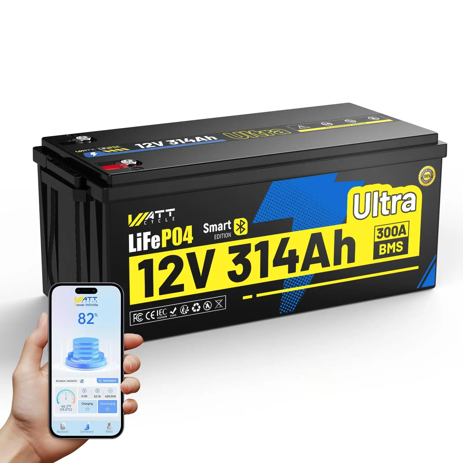 

WattCycle LiFePO4 Battery 12V 314Ah 300A BMS With Bluetooth