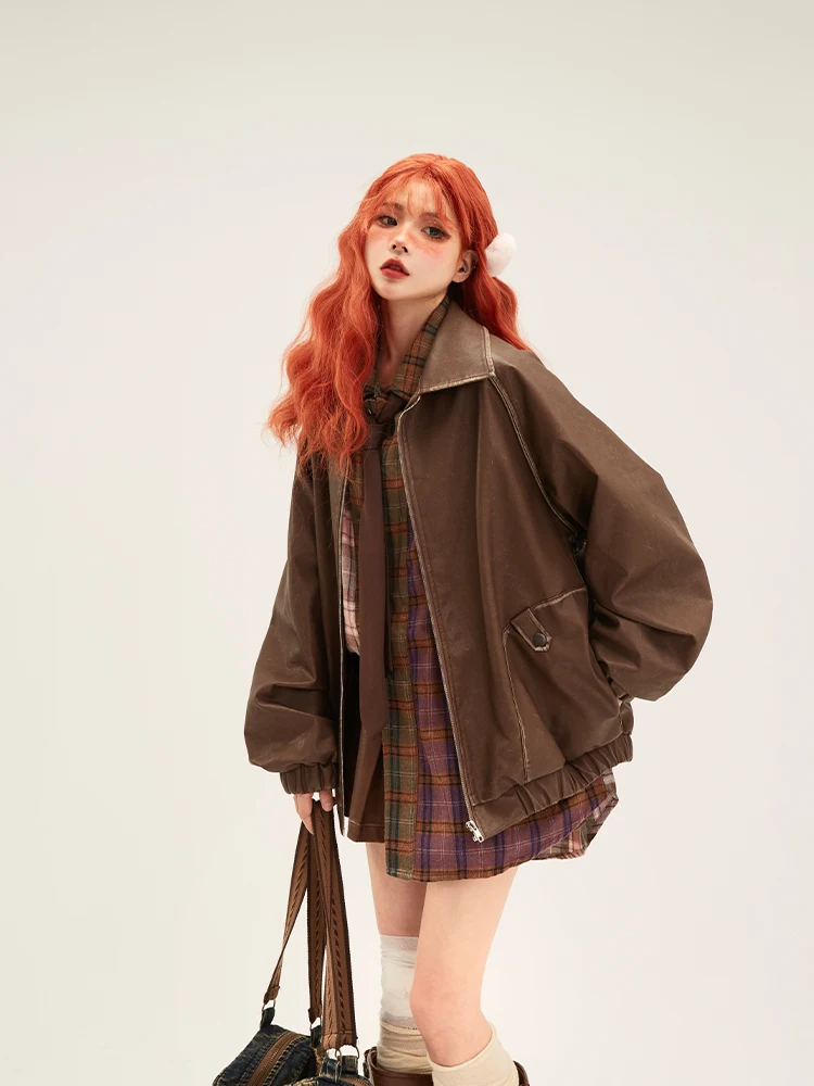 Giacca da Moto da Donna 97 in Pelle PU Stile Retrò con Chiusura a Cerniera, Cappotto Corto Femminile alla Moda per l'Autunno