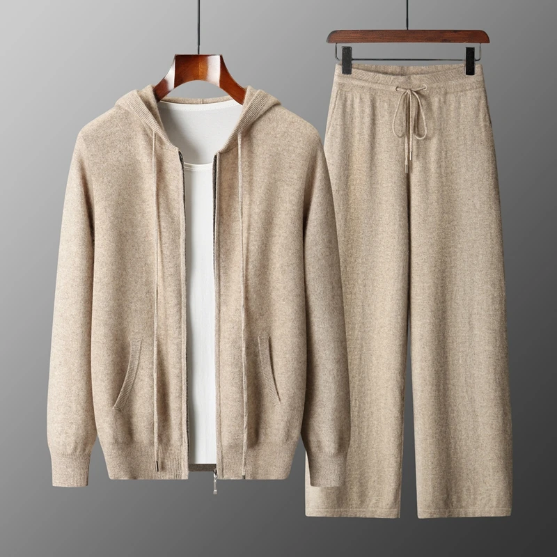 

Мужская вязаная толстовка с капюшоном из 100% мериносовой шерсти, осень-зима, свитер высокого качества, кардиган, широкие брюки, комплект повседневного вязаного верхнего пальто, брюки