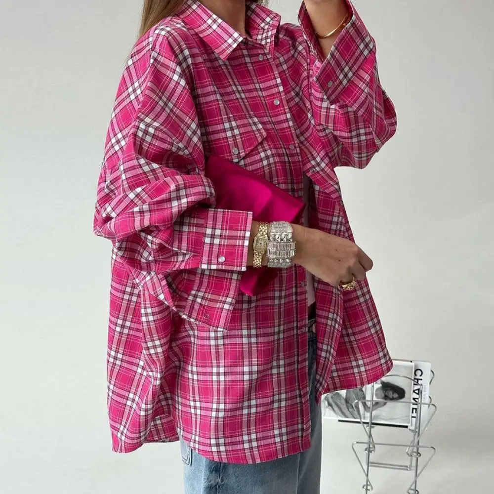 

Casual Autumn Check Lapel Shirt Top Women Long Sleeves Classic Loose Top Fashion Oversize Checked Commuting Plaid Blouses