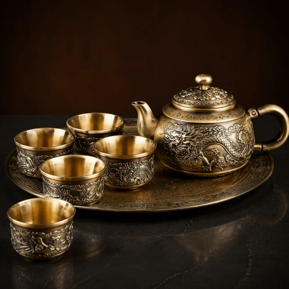6pcs Durable Zinc Alloy Tea Set Bronze Color Relief Pattern Tea Service Set Copper Plated Lidded Teapot Chinese Tea Set Home