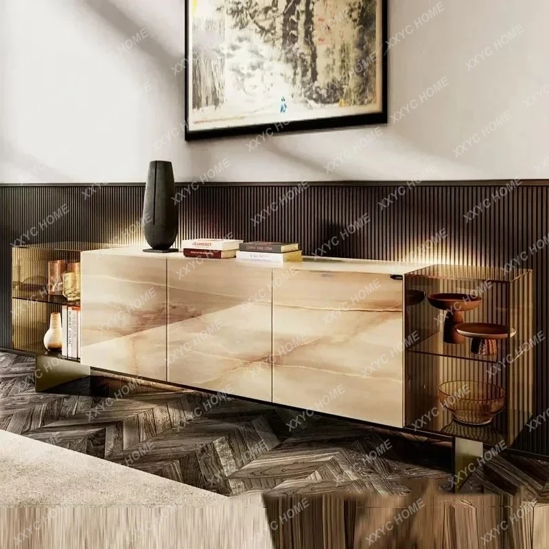 

TT light luxury marble TV cabinet glass audio-visual cabinet suspended stainless steel