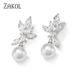 ZAKOL Korea Classic Imitation Pearls Drop Earrings for Women Fashion Cubic Zirconia Leaf Dangle Earring Bridal Wedding Jewelry