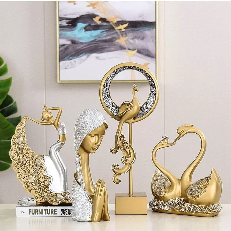 

European Luxury Gold Couple Deer Elephant Swan Resin Sculpture Home Decor Desktop Decoration Phoenix Beauty Statue Ornament gift