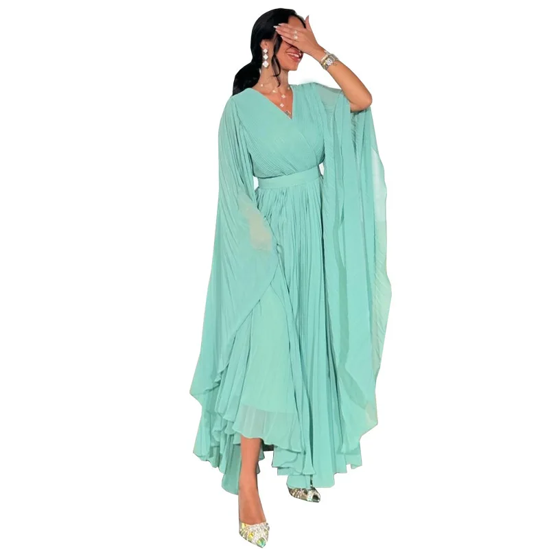 MQ157 Muslim Fashion Dubai Elegant Long Dress Big Swing Chiffon Folded Solid Color Robe