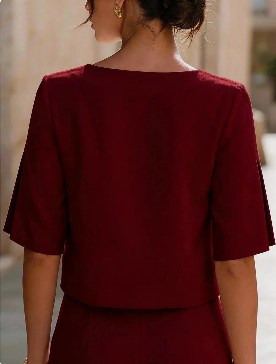 Damenbluse mit kurzen Ärmeln und geteilten Ärmeln, Rundhalsausschnitt, elegantes Büro-Outfit, lässiges Sommer-Mode-Shirt – Detail 8