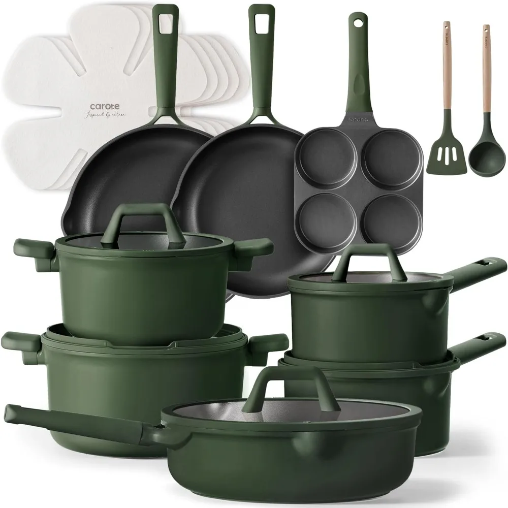 Set di pentole antiaderenti da 19 pezzi, set di pentole e padelle antiaderenti, set di pentole da cucina, pentole a induzione premium, pentole verdi, frittate