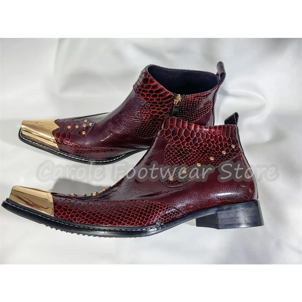 Male Metal Point Toe Chunky Heel Western Cowboy Boots Side Zipper Rock Party Dress Boots Punk Rivet Buckle Strap Ankle Boots