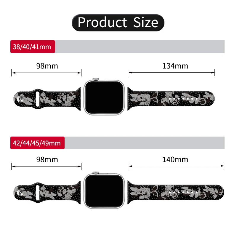 Disney Mickey Minnie White Black Print Strap for Applewatch S8765432SE Full Series Silicone for Replacement Watch Band 38-49MM