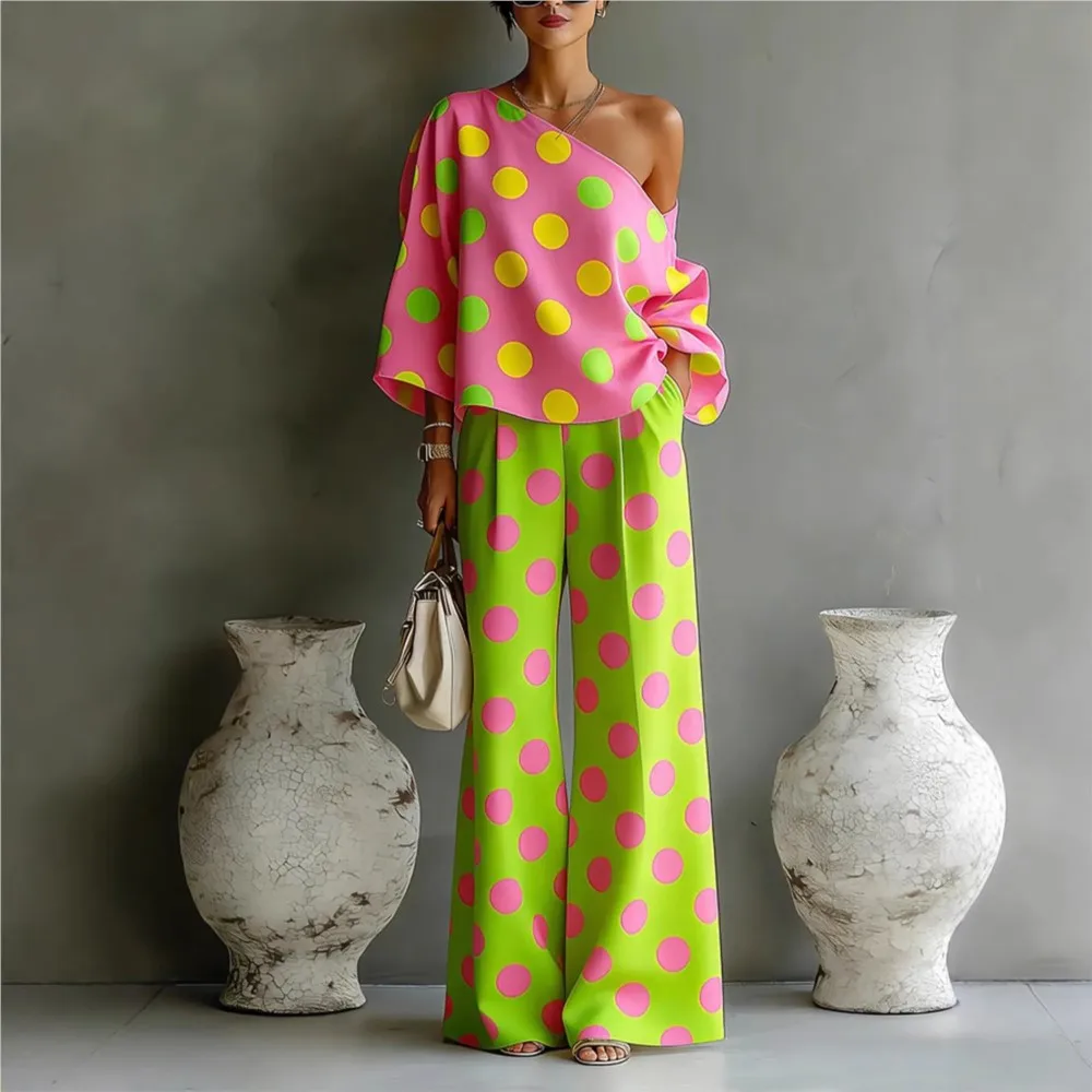 

Women's Fashiona Polka-dot Long-sleeved 2piece Set Sexy One-shoulder Long-sleeved Top + High-waisted Wide-leg Pants Suit Female