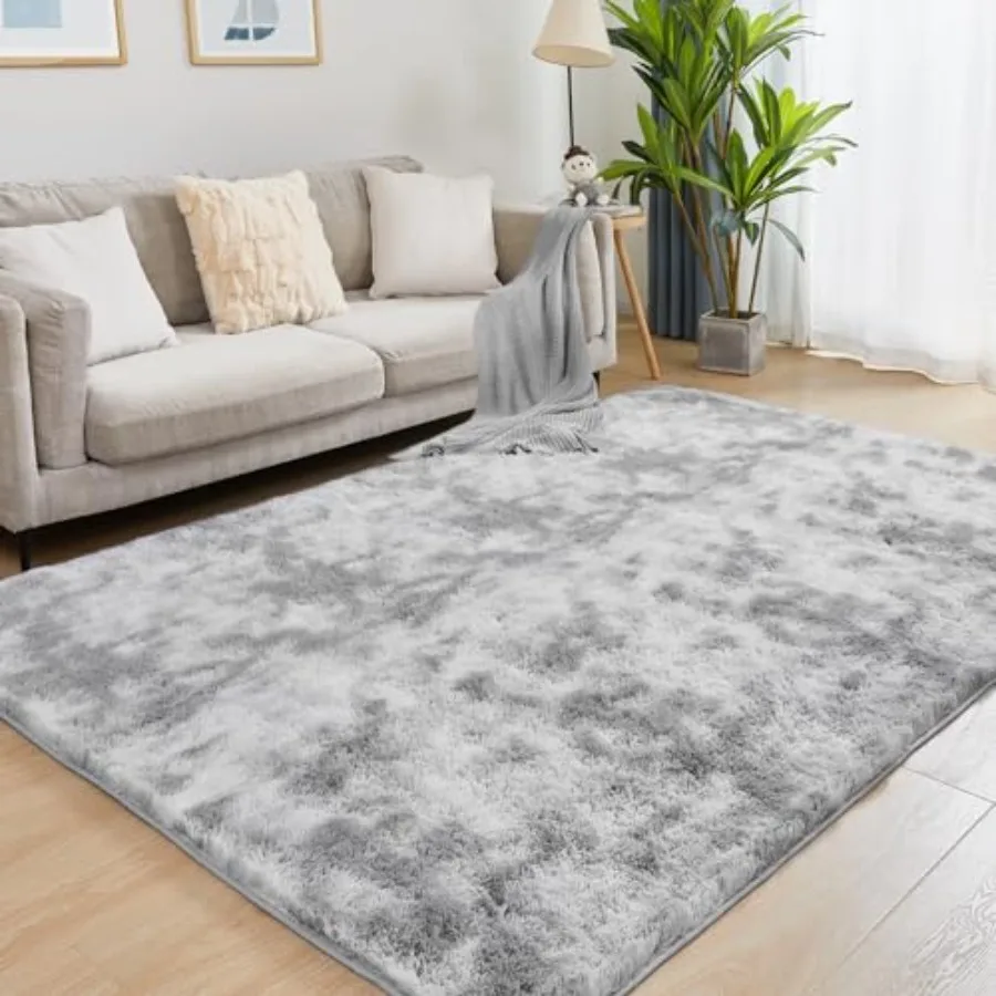 

Ultra Soft Area Rugs for Living Room 5x7 TieDyed Light Grey Fluffy Plush Rugs for Bedroom NonSlip Floor Carpet for Nursery Beds