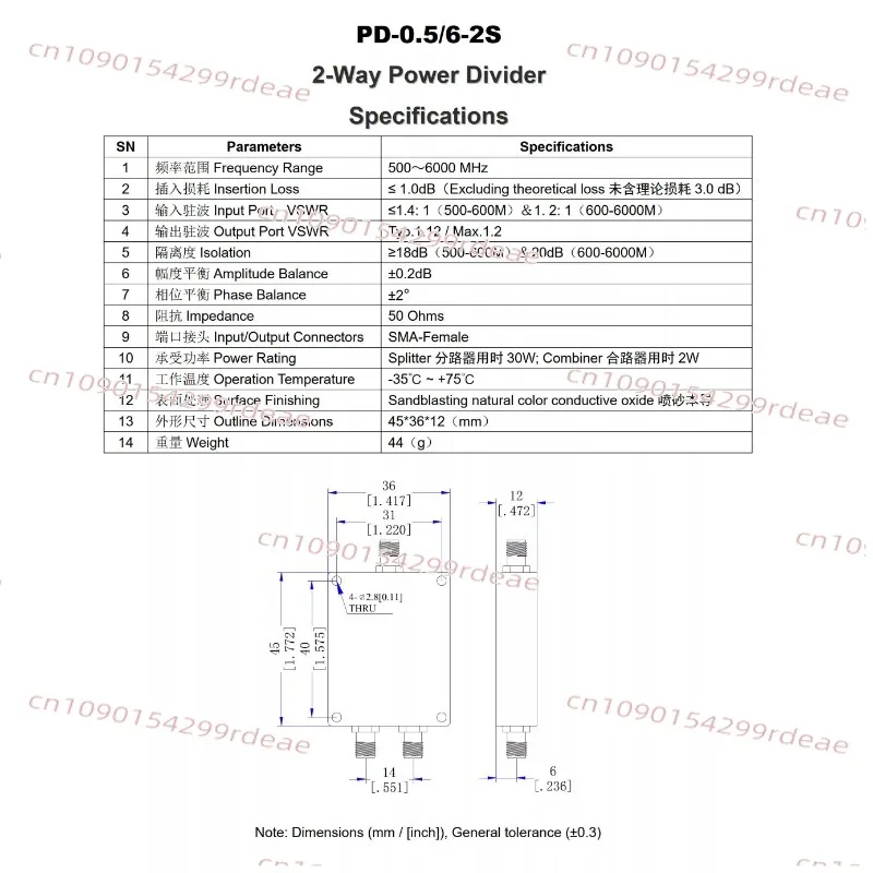 

PD-0.5/6-2S 0.5-6GHz 30W SMA Radio Frequency RF 1/2 power Splitter Impedance 50 Ohms